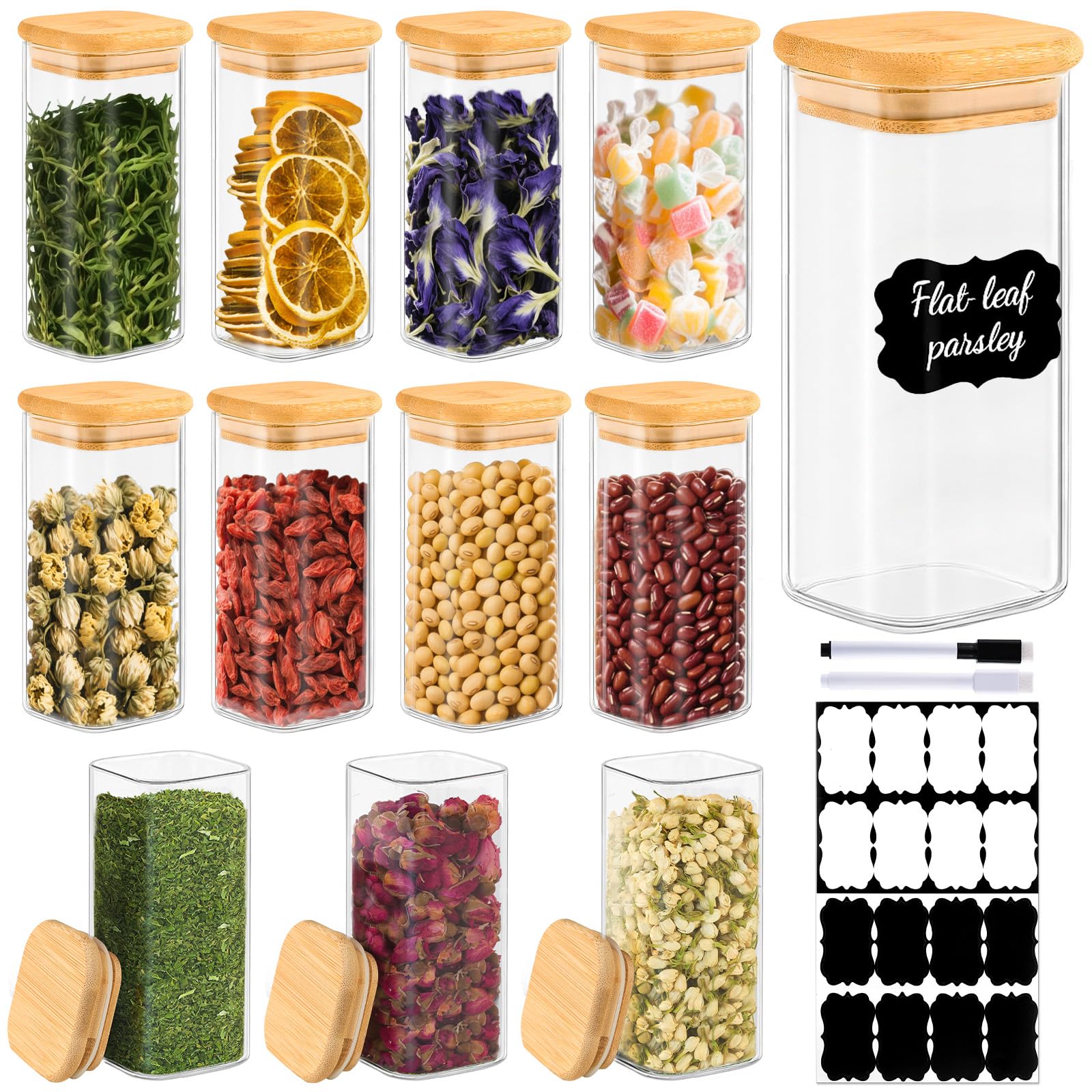 TBWIND 12 Pack 10 oz Square Glass Spice Jars with Lids and Labels – Airtight Small Spice Containers Set, Clear Glass Storage Jars for Seasoning, Spices, Kitchen Pantry Organization